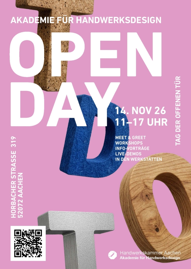 Open Day der Akademie für Handwerksdesign am 14. November 2026 von 11 bis 17 Uhr in Aachen